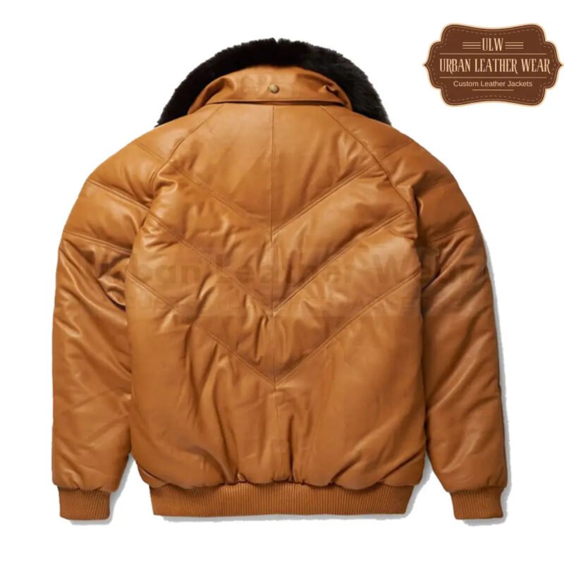 Men Camel Cognac Leather V-Bomber puffer Jacket | Urban Leather Wear
