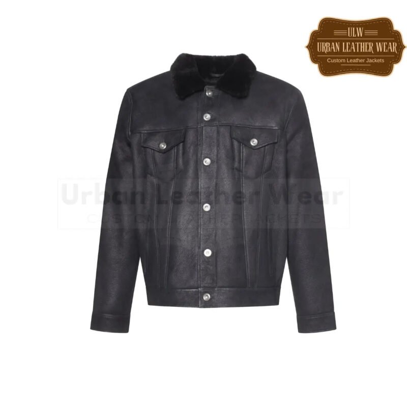 Men Classic Shearling Leather Trucker Jacket Black | Urban Leather Wear