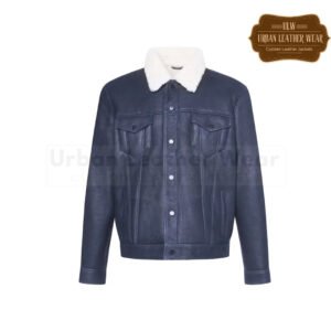 Men Classic Shearling Leather Trucker Jacket Blue