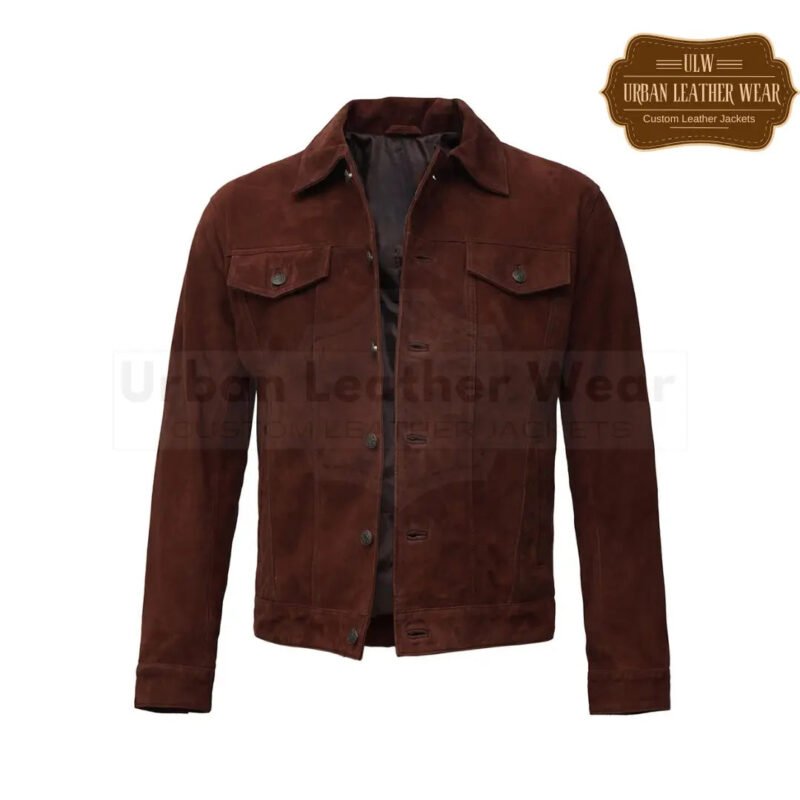 Men Dark Brown Suede Leather Trucker Jacket | Urban Leather Wear