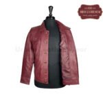 Men Denim Burgundy Leather Trucker Jacket | Urban Leather Wear