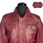 Men Denim Burgundy Leather Trucker Jacket | Urban Leather Wear