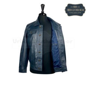 Men Denim Style Blue Leather Trucker Jacket