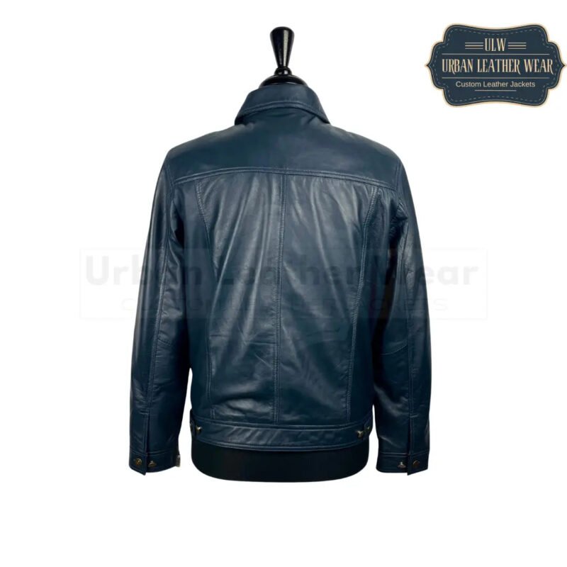 Men Denim Style Blue Leather Trucker Jacket | Urban Leather Wear