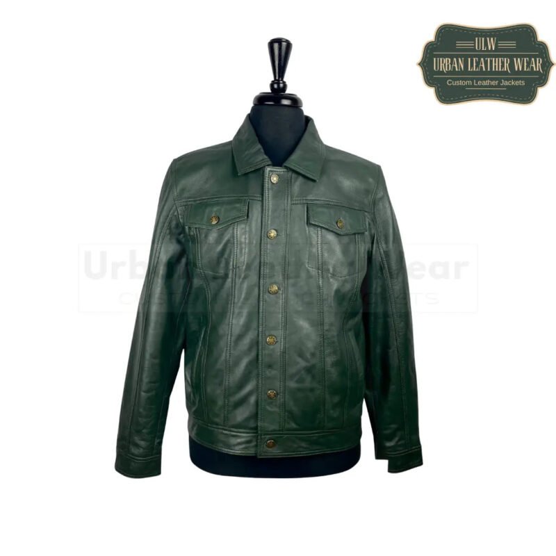 Men Forest Green Leather Trucker Jacket | Urban Leather Wear