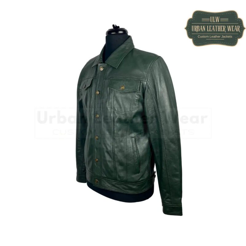 Men Forest Green Leather Trucker Jacket | Urban Leather Wear