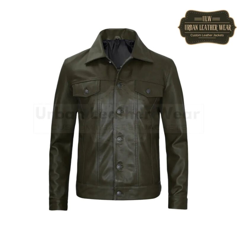Men Four Pockets Olive Green Leather Trucker Jacket | Urban Leather Wear
