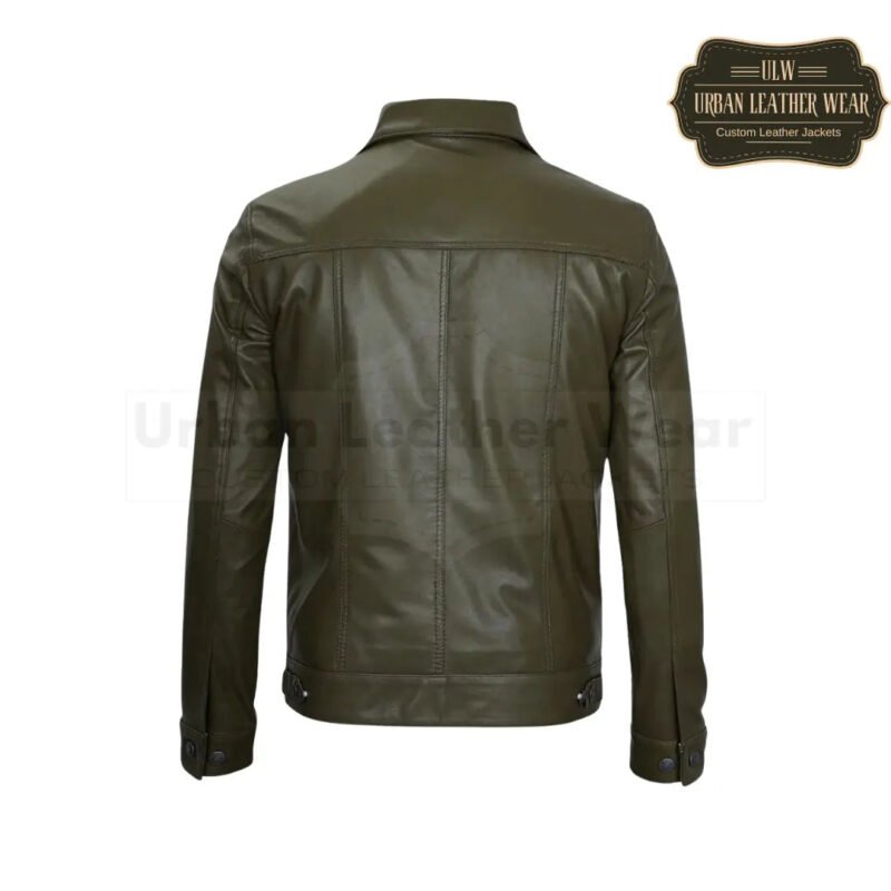 Men Four Pockets Olive Green Leather Trucker Jacket | Urban Leather Wear