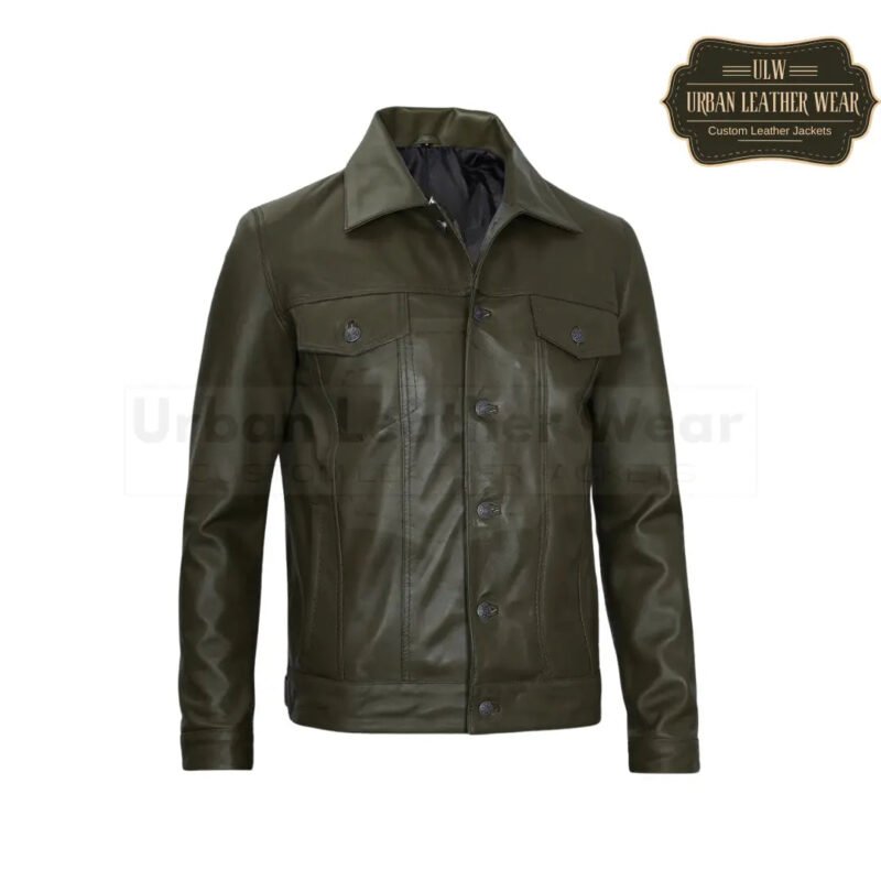 Men Four Pockets Olive Green Leather Trucker Jacket | Urban Leather Wear