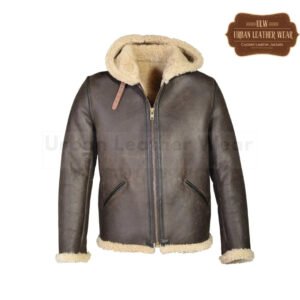 Men Hoodie Shearling Leather Jacket Brown