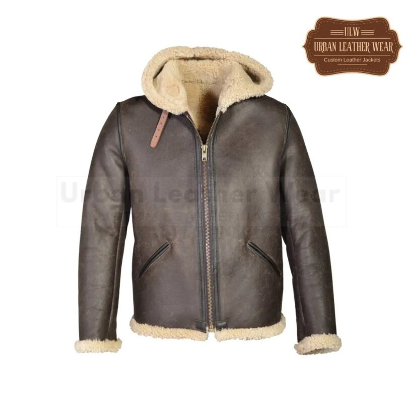 Men Hoodie Shearling Leather Jacket Brown | Urban Leather Wear