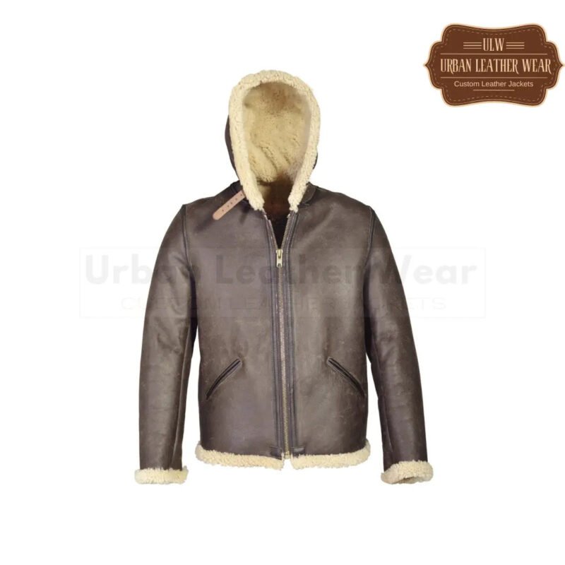 Men Hoodie Shearling Leather Jacket Brown | Urban Leather Wear