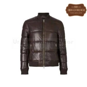 Men Leather Puffer Jacket Chocolate Brown