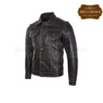 Men Leather Trucker Jacket Black White Stitches | Urban Leather Wear