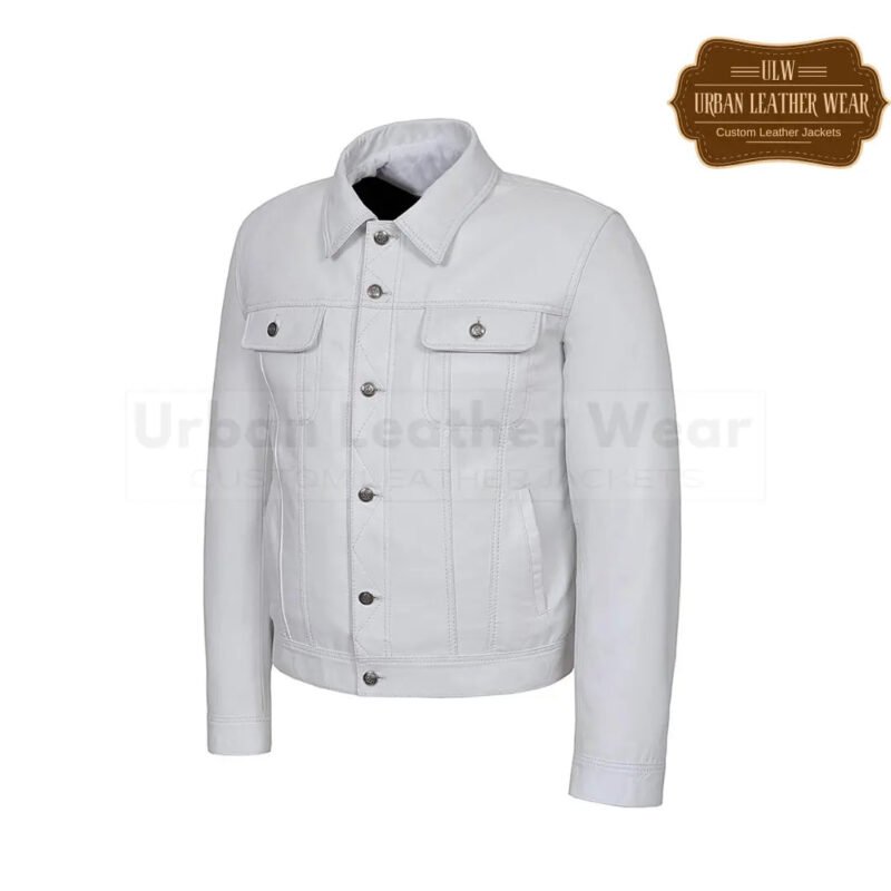Men Leather Trucker Jacket Denim Jacket White | Urban Leather Wear