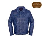 Men Leather Trucker Jacket Denim Retro Style Vintage Blue | Urban Leather Wear