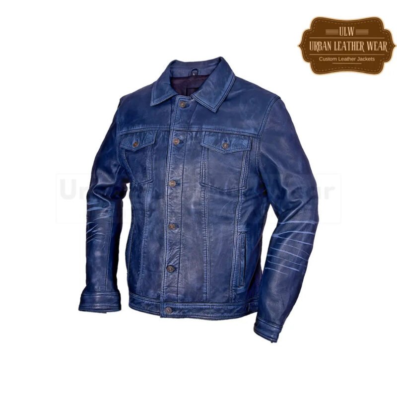 Men Leather Trucker Jacket Denim Retro Style Vintage Blue | Urban Leather Wear