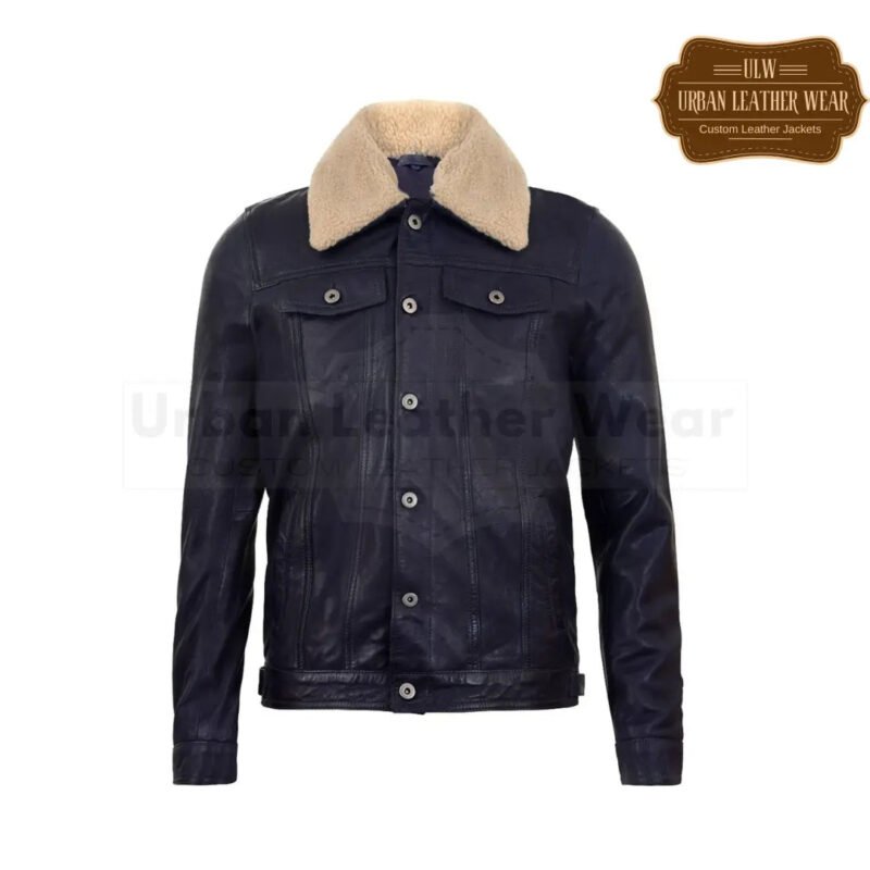 Men Leather Trucker Jacket Denim Style Black Fur Collar | Urban Leather Wear