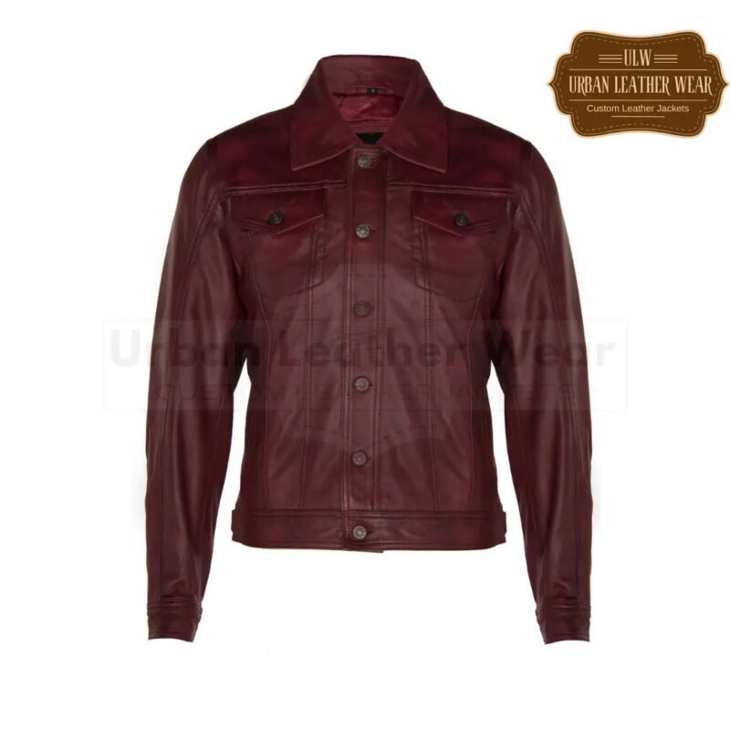 Men Leather Trucker Jacket Denim retro style Burgundy | Urban Leather Wear