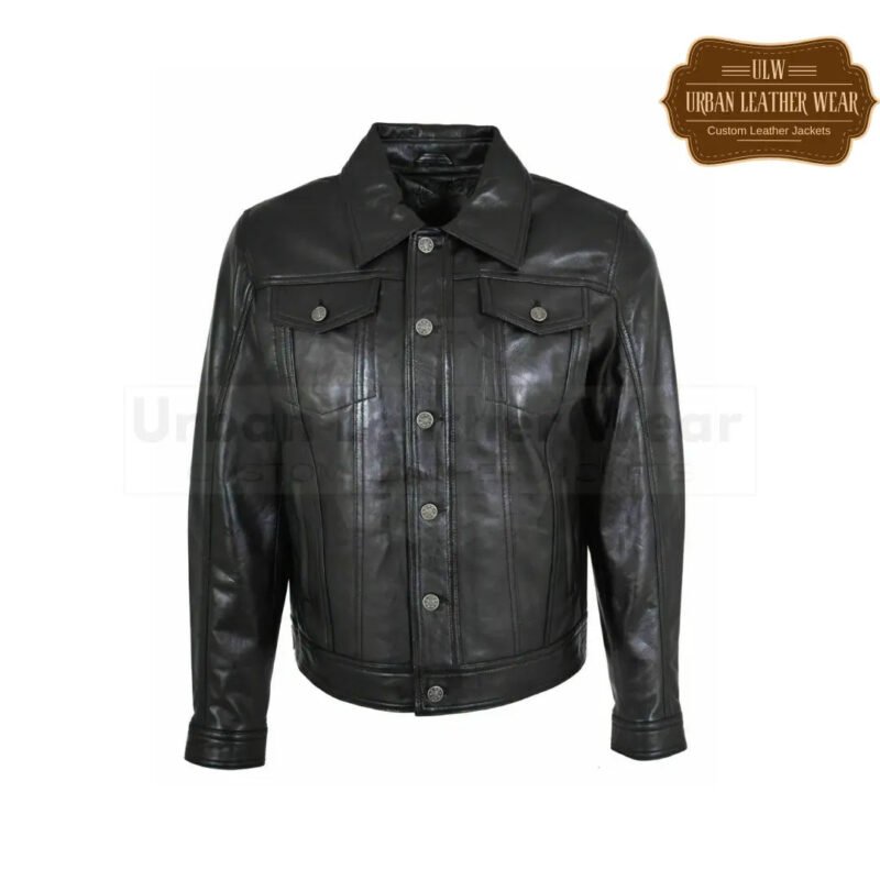 Men Leather Trucker Jacket Denim style Black | Urban Leather Wear