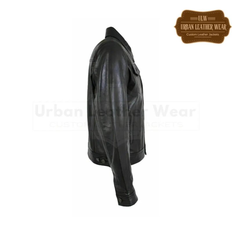 Men Leather Trucker Jacket Denim style Black | Urban Leather Wear