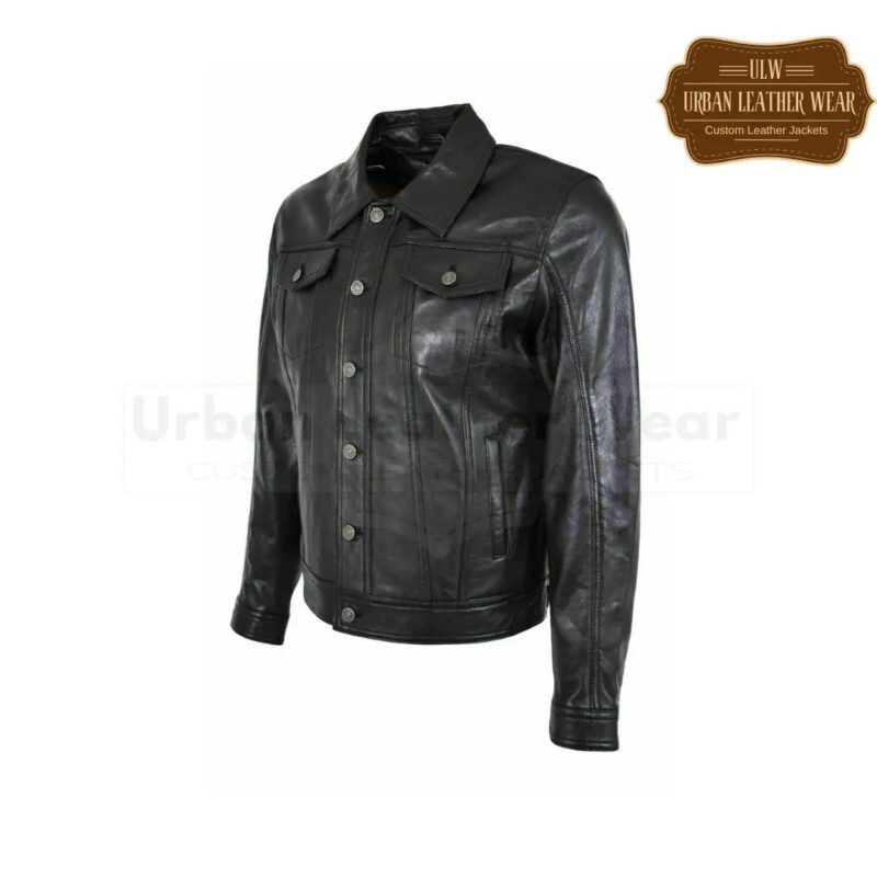 Men Leather Trucker Jacket Denim style Black | Urban Leather Wear