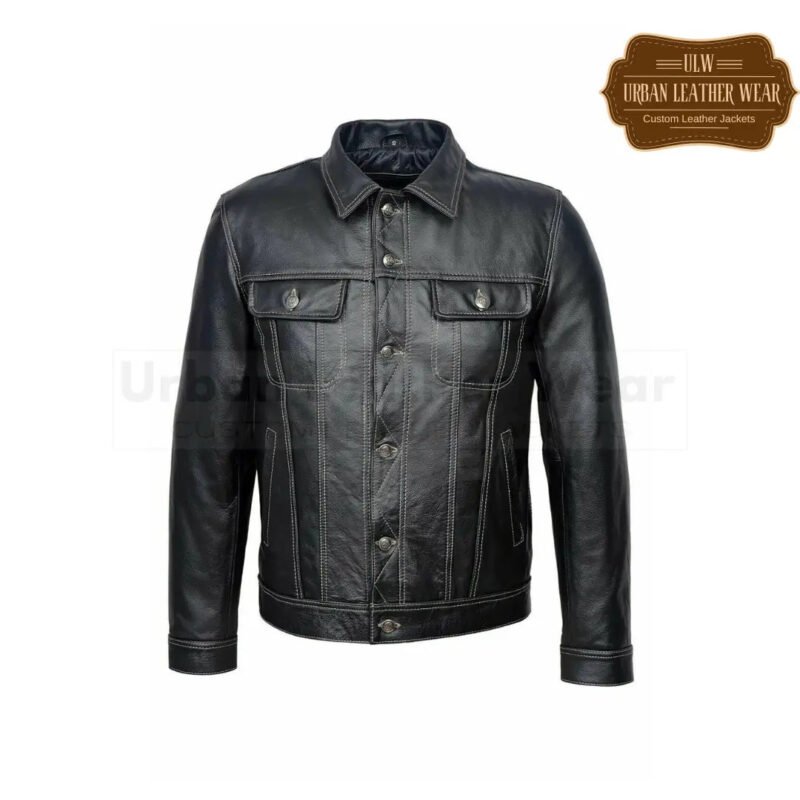 Men Leather Trucker Jacket Denim style Black With White Seems | Urban Leather Wear