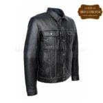 Men Leather Trucker Jacket Denim style Black With White Seems | Urban Leather Wear