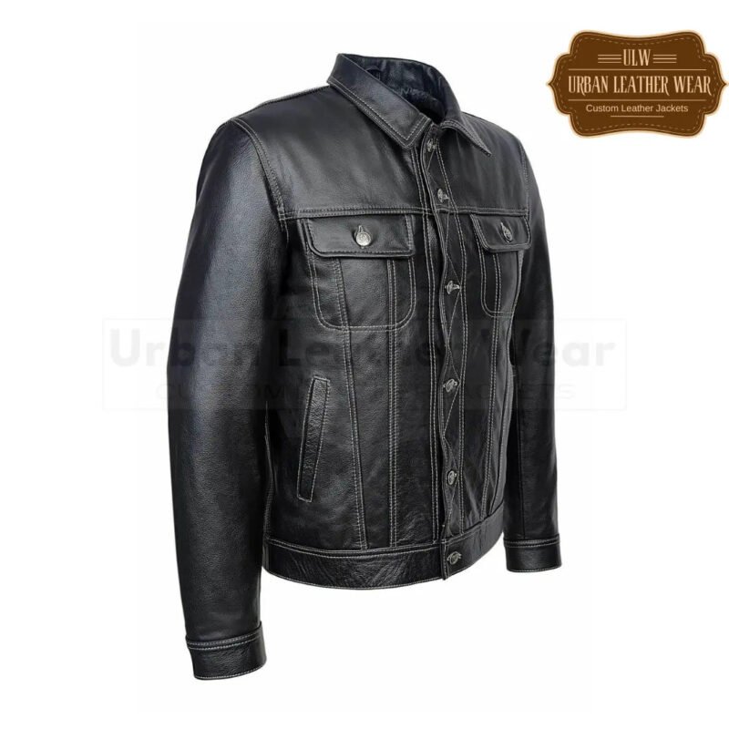 Men Leather Trucker Jacket Denim style Black With White Seems | Urban Leather Wear