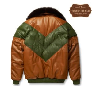 Men Leather V-Bomber Jacket (Brown – Green) | Urban Leather Wear