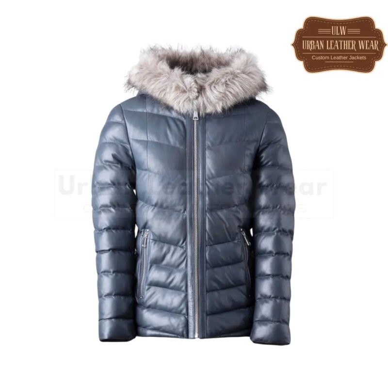 Men Padded Leather Coat in Navy | Urban Leather Wear