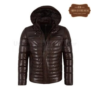 Men Puffer Hooded Lambskin Leather Jacket (Brown)