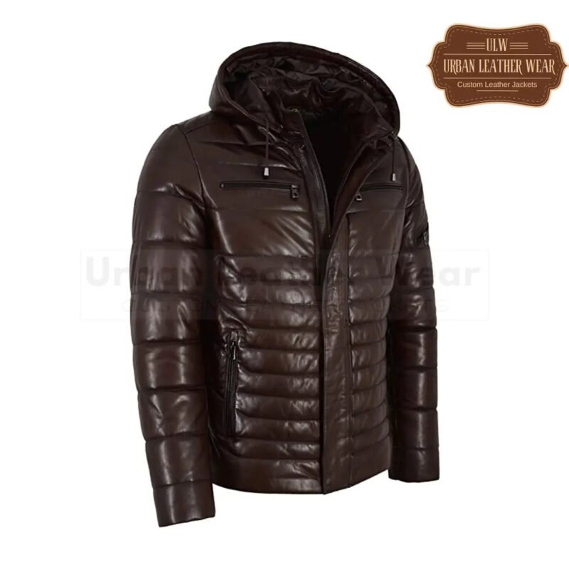 Men Puffer Hooded Lambskin Leather Jacket (Brown) | Urban Leather Wear
