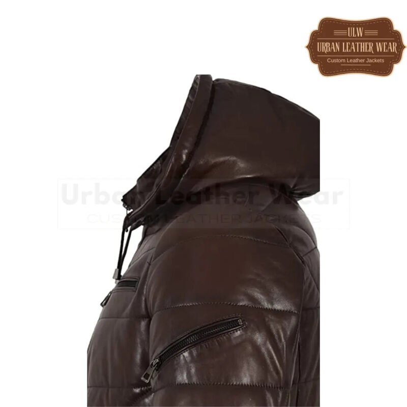 Men Puffer Hooded Lambskin Leather Jacket (Brown) | Urban Leather Wear