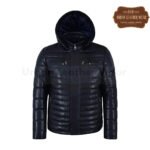 Men Puffer Hooded Leather Jacket Navy Blue | Urban Leather Wear