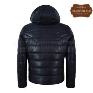 Men Puffer Hooded Leather Jacket Navy Blue | Urban Leather Wear