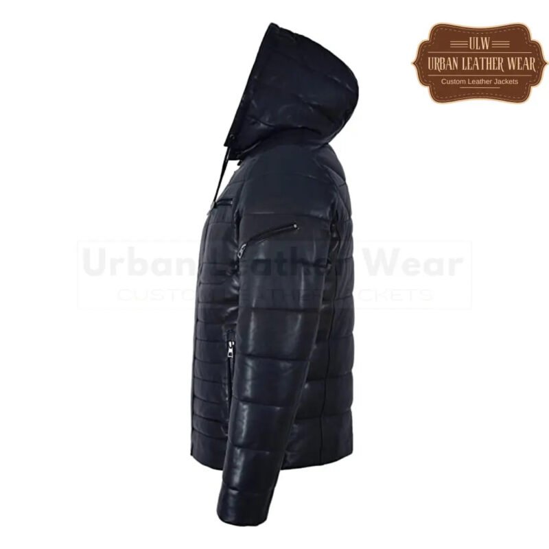 Men Puffer Hooded Leather Jacket Navy Blue | Urban Leather Wear