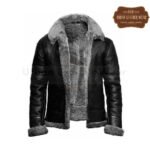 Men RAF B3 Flying Bomber Shearling Leather Jacket (Black Grey) | Urban Leather Wear