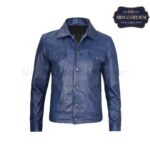 Men Real Leather Blue Trucker Jacket Levis Style | Urban Leather Wear
