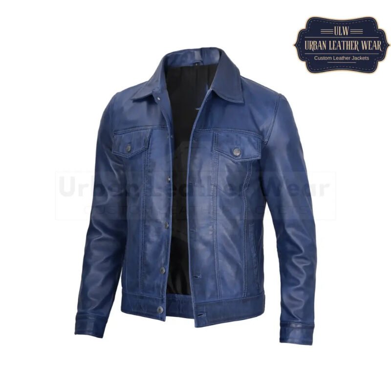 Men Real Leather Blue Trucker Jacket Levis Style | Urban Leather Wear