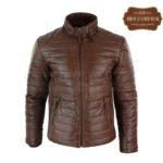 Men Real Leather Quilted Puffer Zipped Jacket Brown | Urban Leather Wear