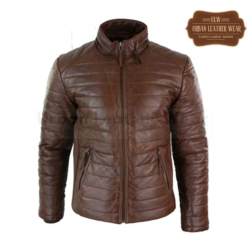 Men Real Leather Quilted Puffer Zipped Jacket Brown | Urban Leather Wear
