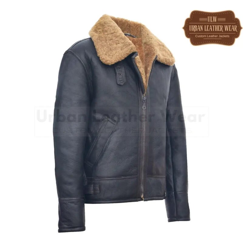 Men Shearling B3 RAF Aviator Dark Blue Leather Jacket | Urban Leather Wear