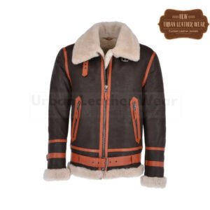 Men Shearling Flying Leather Jacket Brown Orange