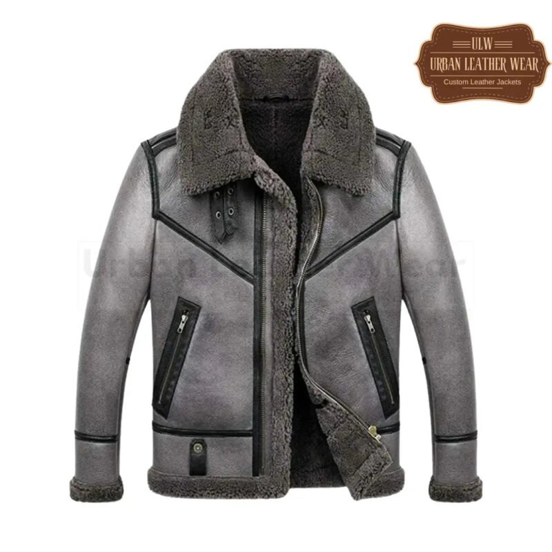 Men Shearling Grey B3 Leather Jacket | Urban Leather Wear