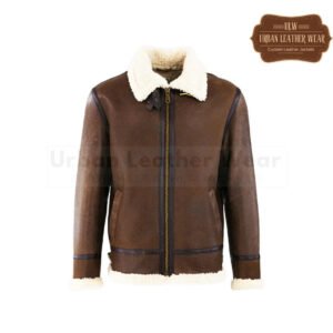 Men Shearling Leather Bomber Jacket Brown