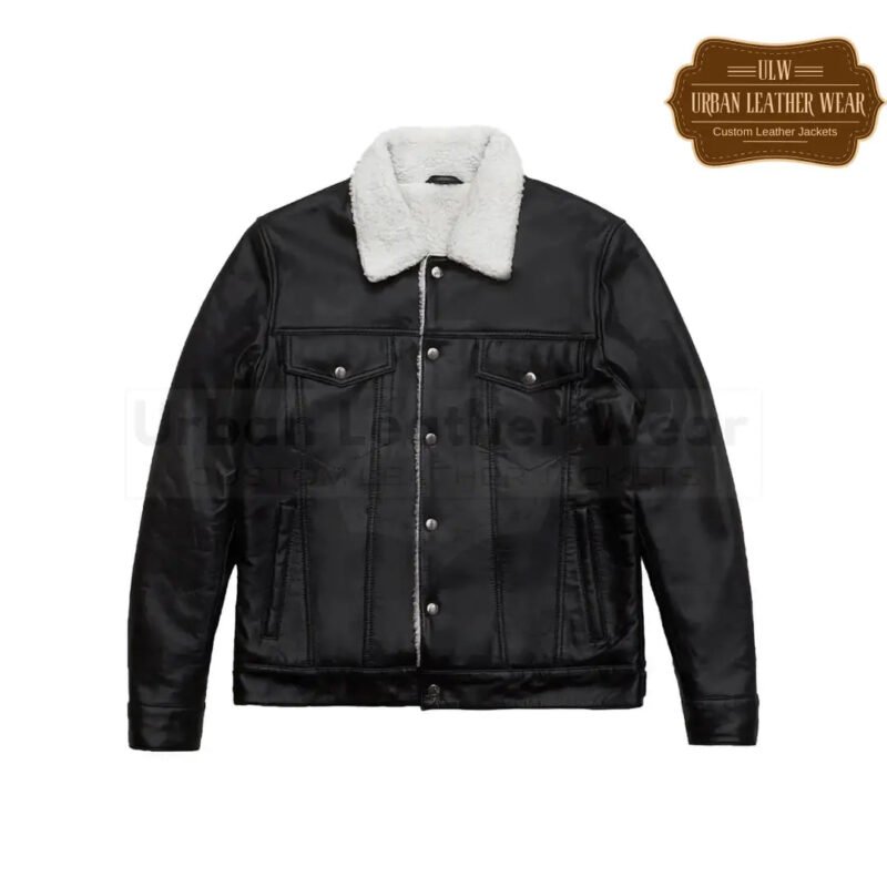 Men Shearling Leather Trucker Jacket in Black and White | Urban Leather Wear