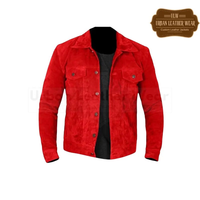 Men Suede Trucker Leather Jacket Red free shipping | Urban Leather Wear