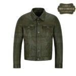 Men Trucker Leather Jacket Olive Levis Style | Urban Leather Wear