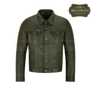 Men Trucker Leather Jacket Olive Levis Style